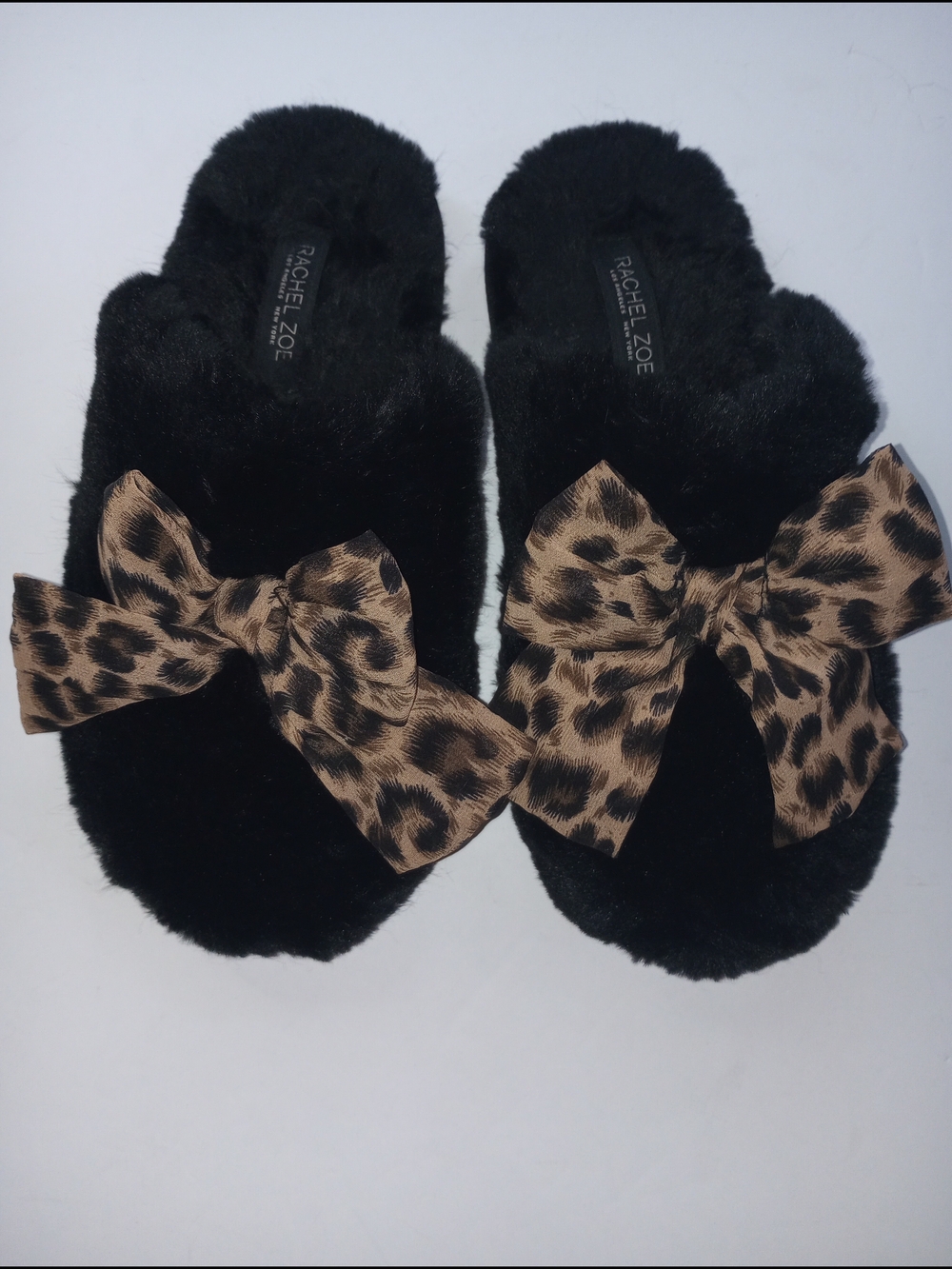 Rachel Zoe Black Faux-Fur Slide Slippers with Leopard-Print Bow S 5-6